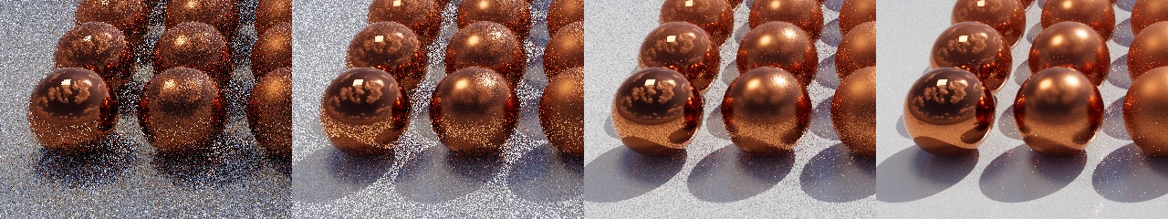 1, 8, 64, and 512 samples per pixel. Same estimator the whole way; the noise just goes away.