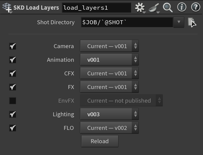 Loading a shot's department layers in Houdini. Most follow Current, while Animation and Lighting are held on specific versions.